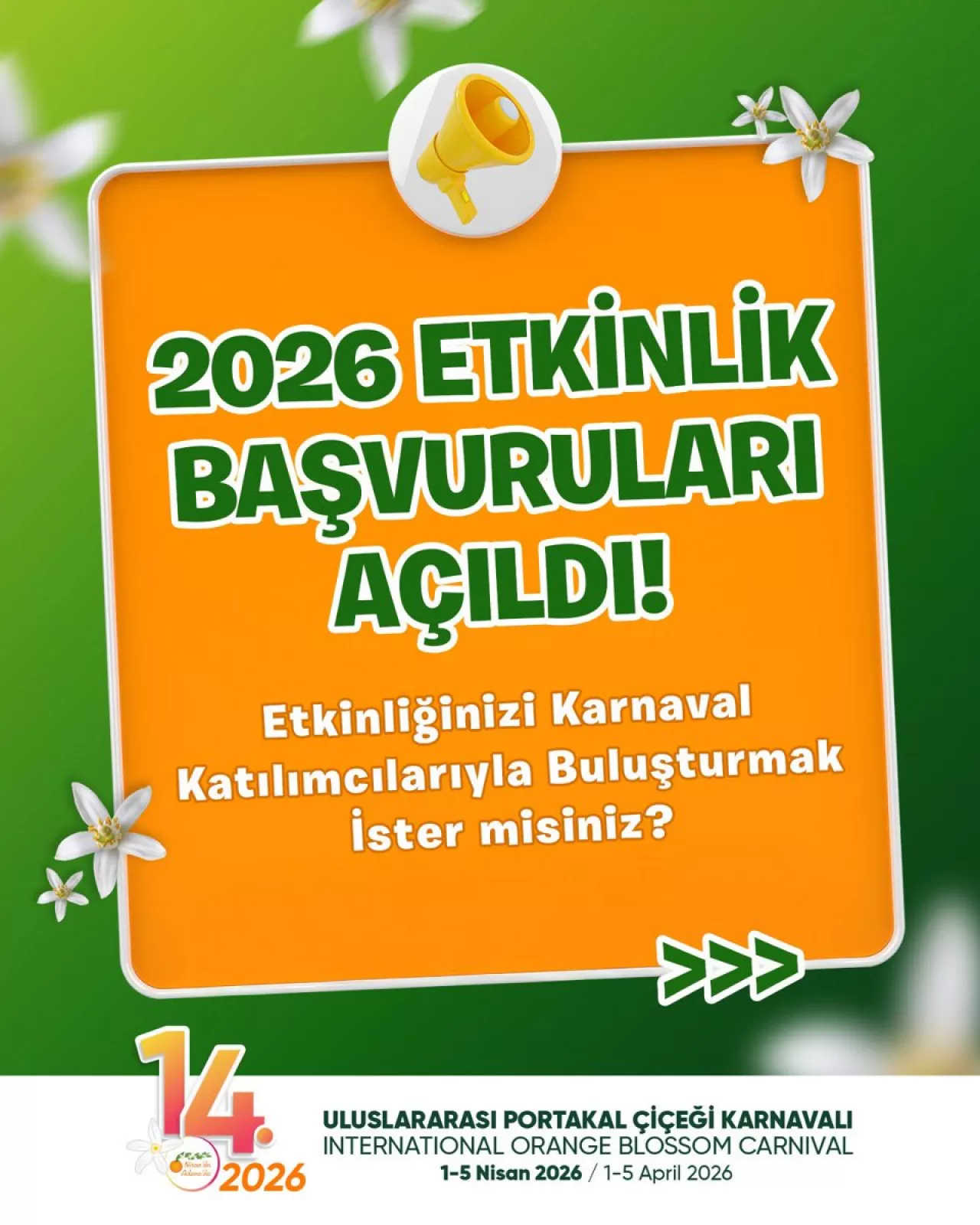 2026 Uluslararası Portakal Çiçeği Karnavalı için Etkinlik Başvuruları Alınmaya Başlandı