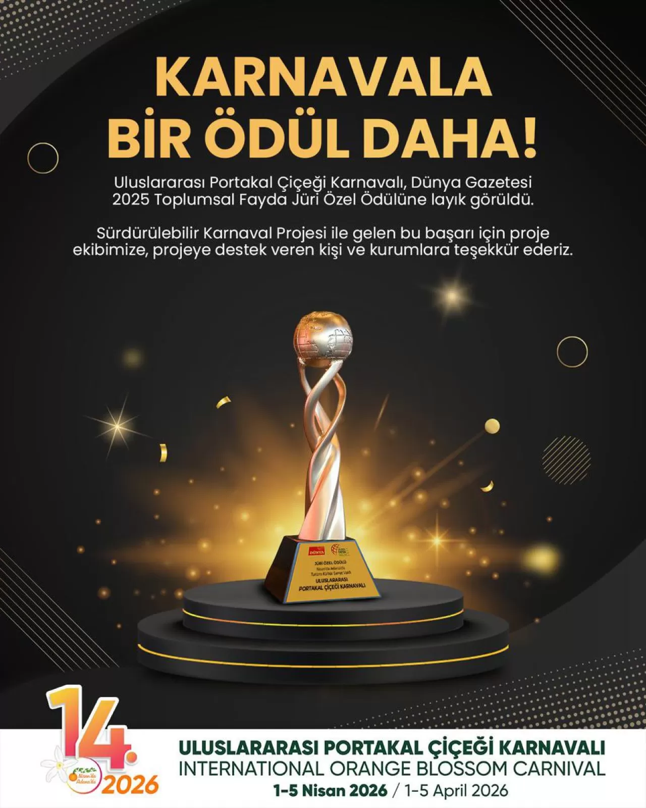 Uluslararası Portakal Çiçeği Karnavalı'na Dünya Gazetesi'nden Jüri Özel Ödülü