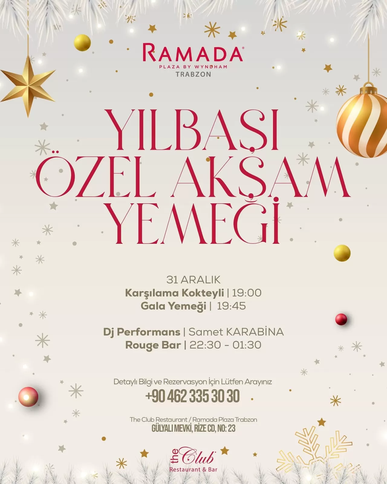 Ramada Plaza Trabzon'da Yılbaşı Gecesi Programı Açıklandı