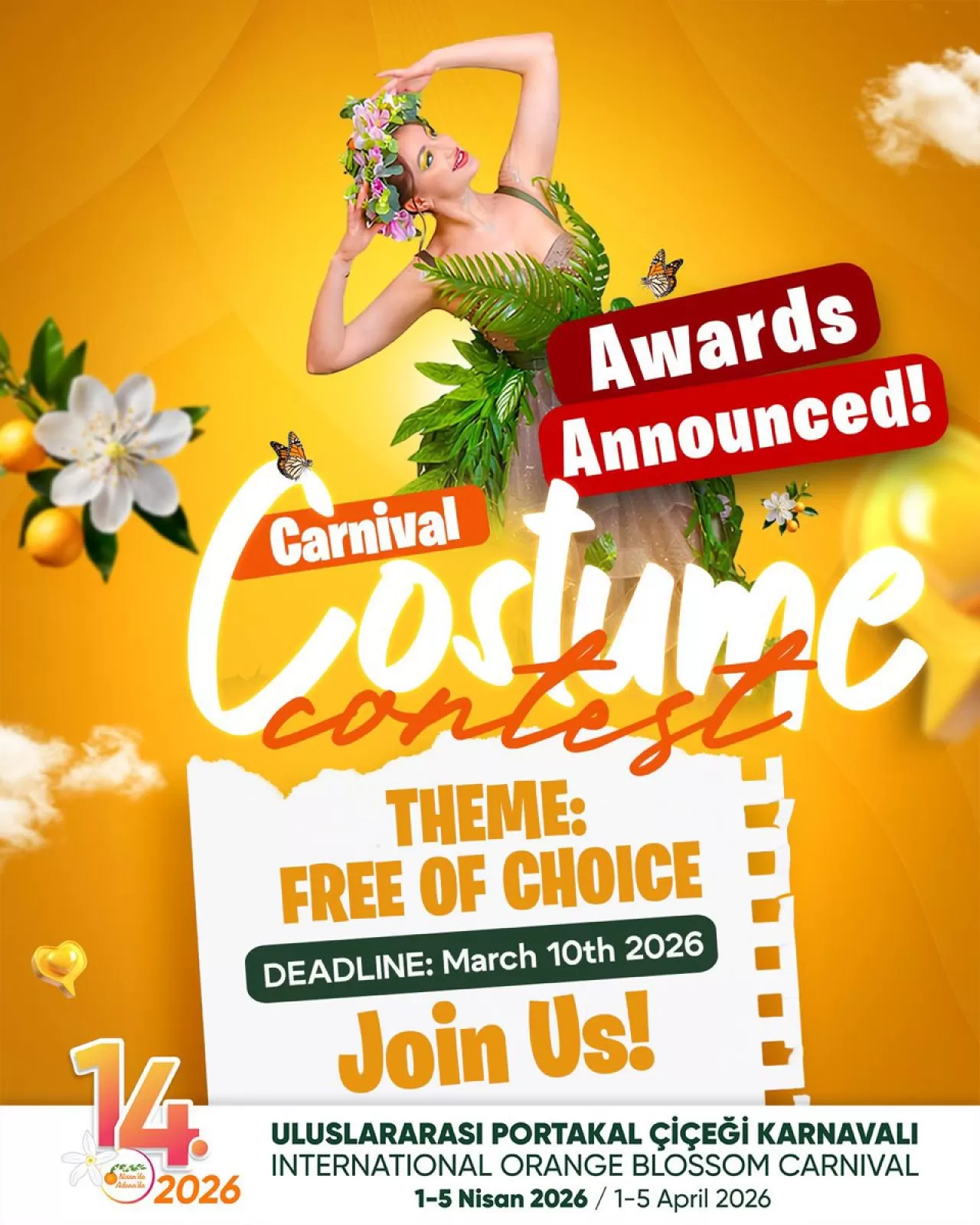 Adana 2026 Uluslararası Portakal Çiçeği Karnavalı Kortej Kostüm Tasarım Yarışması Başvuruları Başladı