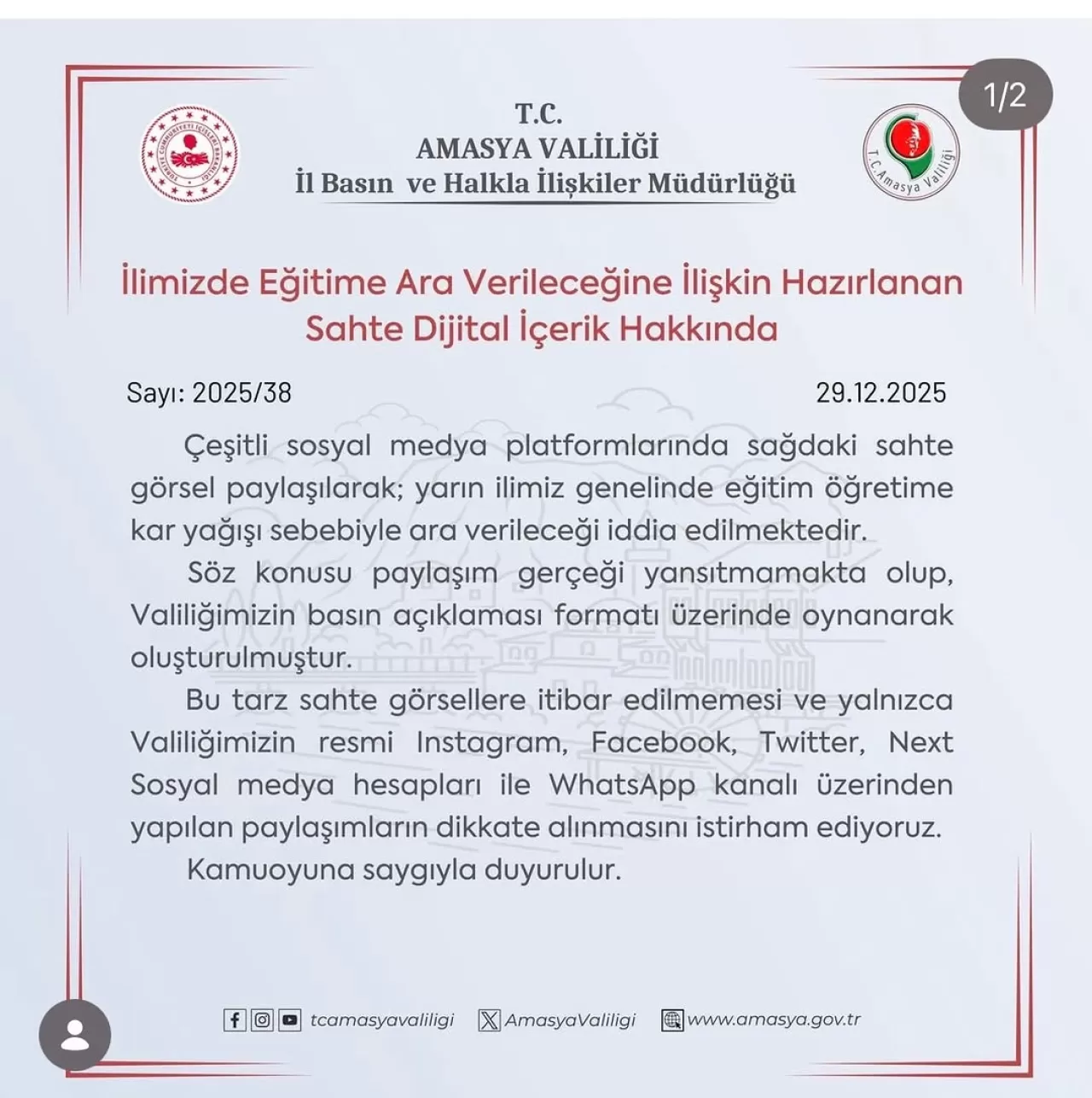 Amasya'da Kar Tatili ve Resmi Olmayan Haberlere Karşı Uyarı