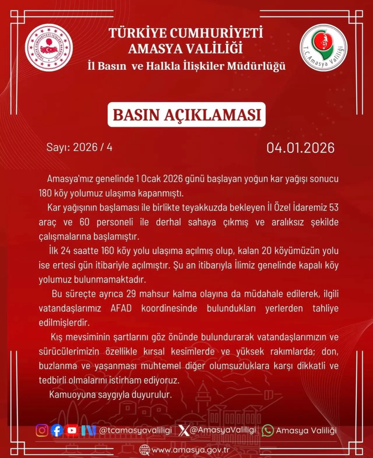 Amasya Valiliği'nden Önemli Kamuoyu Duyurusu