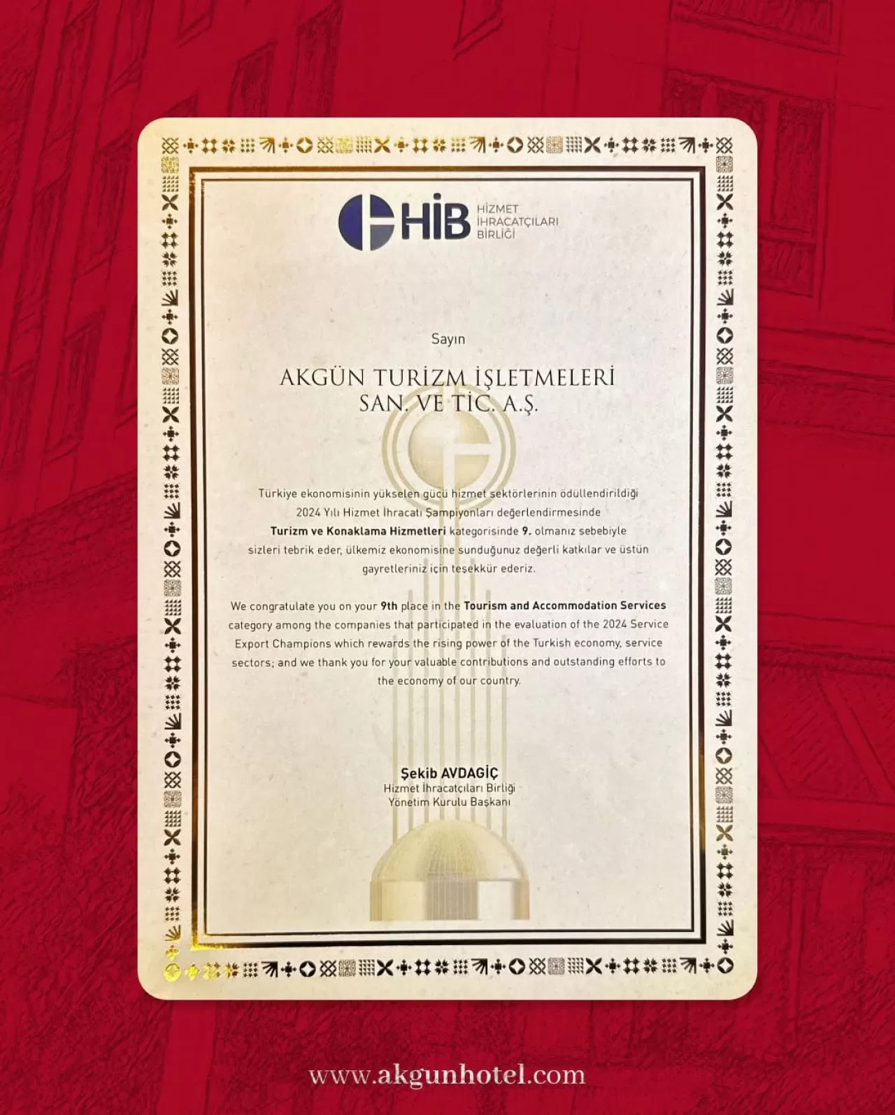 Akgün İstanbul Hotel, Hizmet İhracatı Şampiyonları Arasında Yine Yer Aldı