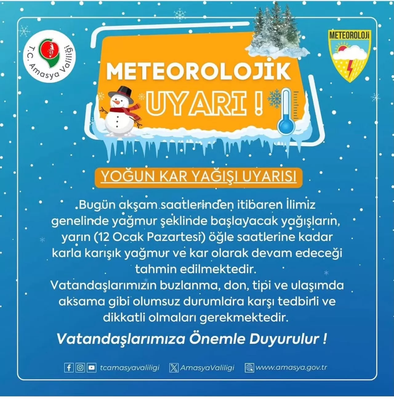 Amasya'da Kuvvetli Kar Yağışı Bekleniyor