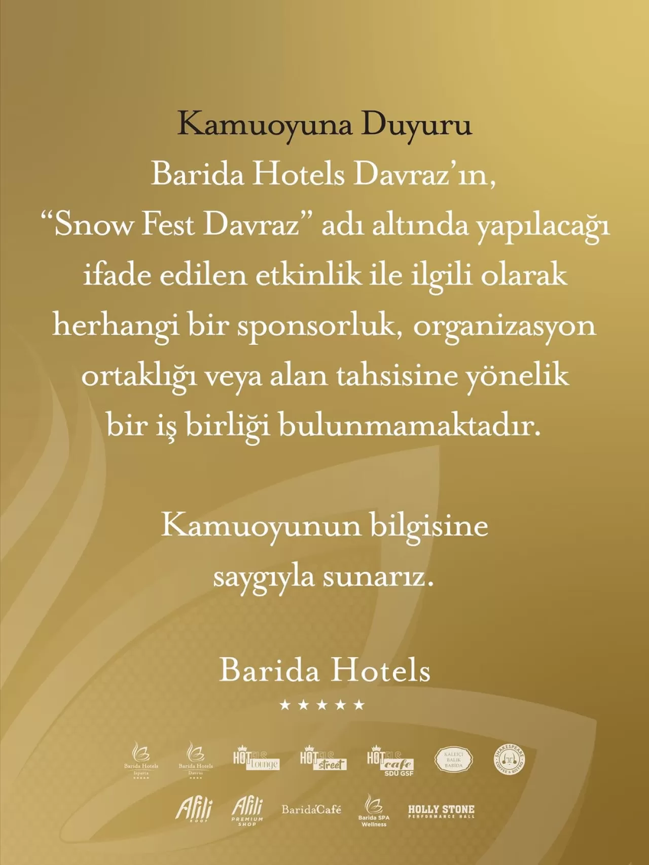 Barida Hotels Davraz'dan 'Snow Fest Davraz' Açıklaması: 'İlişkimiz Yok'