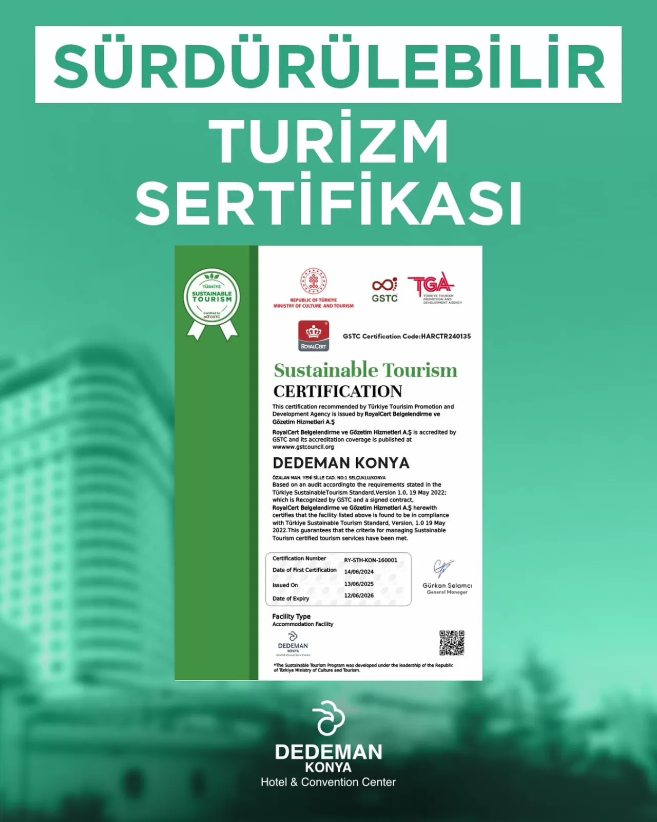 Dedeman Konya Otel, Sürdürülebilir Turizm Sertifikası ile Öncü Oldu