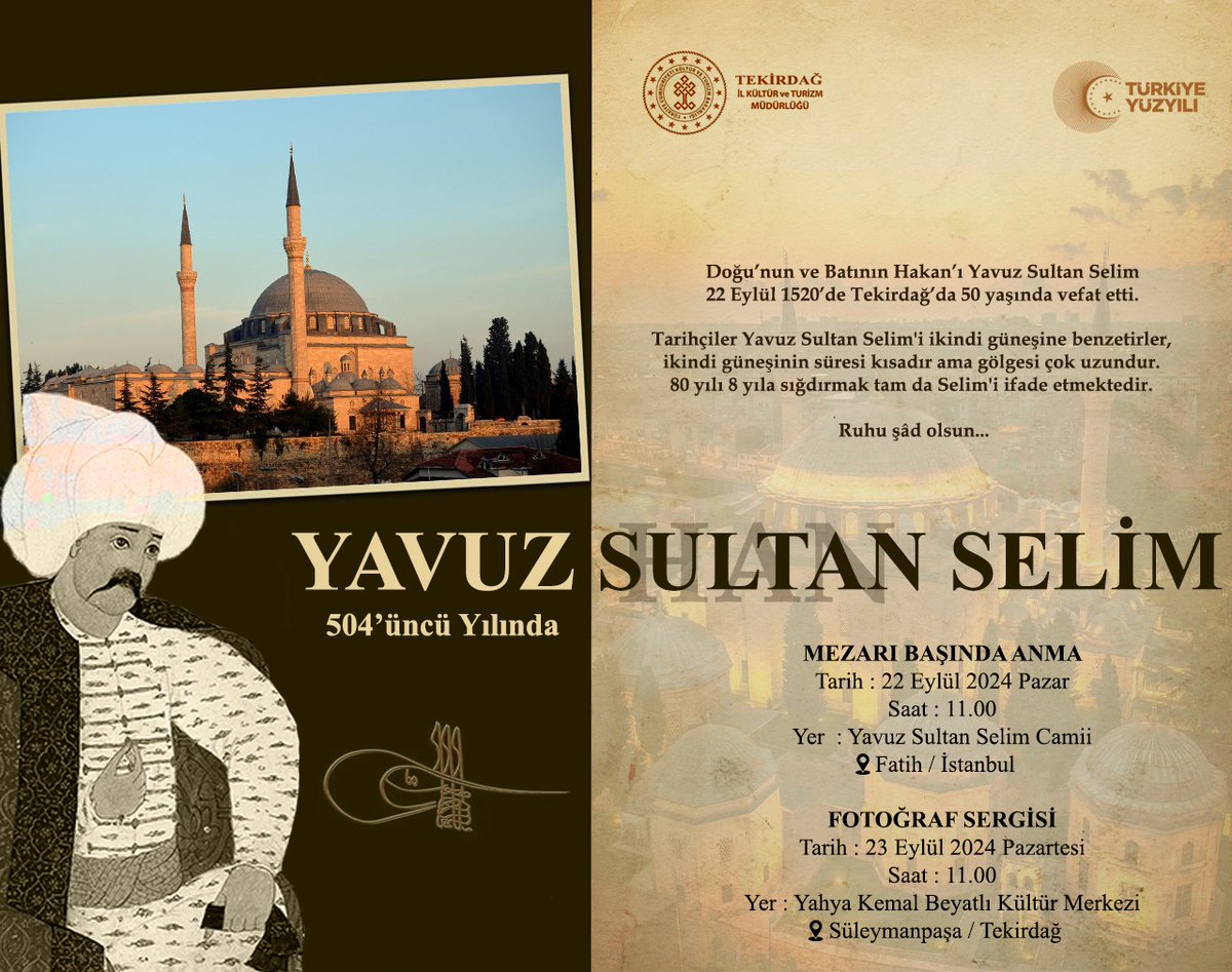 Yavuz Sultan Selim'in Vefatının 504. Yılı Anılacak