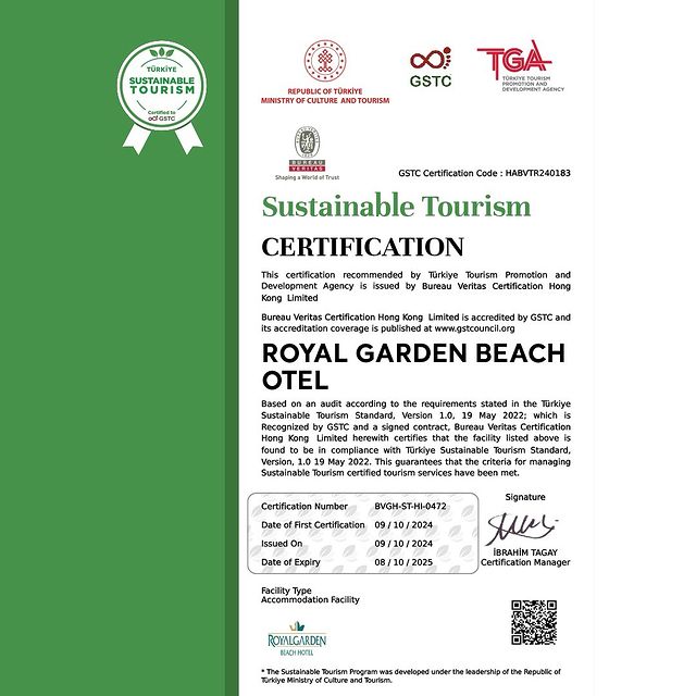 Royal Garden Beach Hotel, Sürdürülebilir Turizm Sertifikasıyla Ödüllendirildi