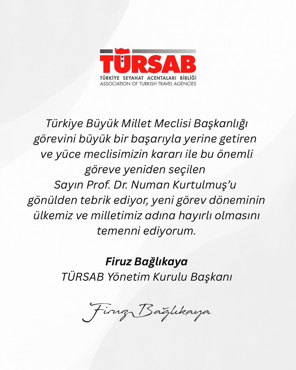 TÜRSAB Başkanı Bağlıkaya'dan Kurtulmuş'a Tebrik Mesajı