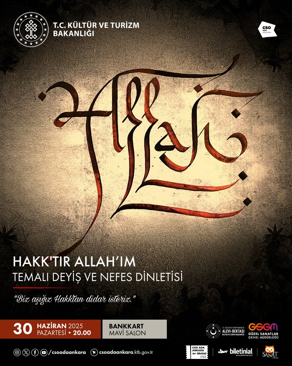 “Hakk Tır Allah’ım” Temalı Deyiş ve Nefes Dinletisi CSO Ada Ankara’da Düzenlenecek