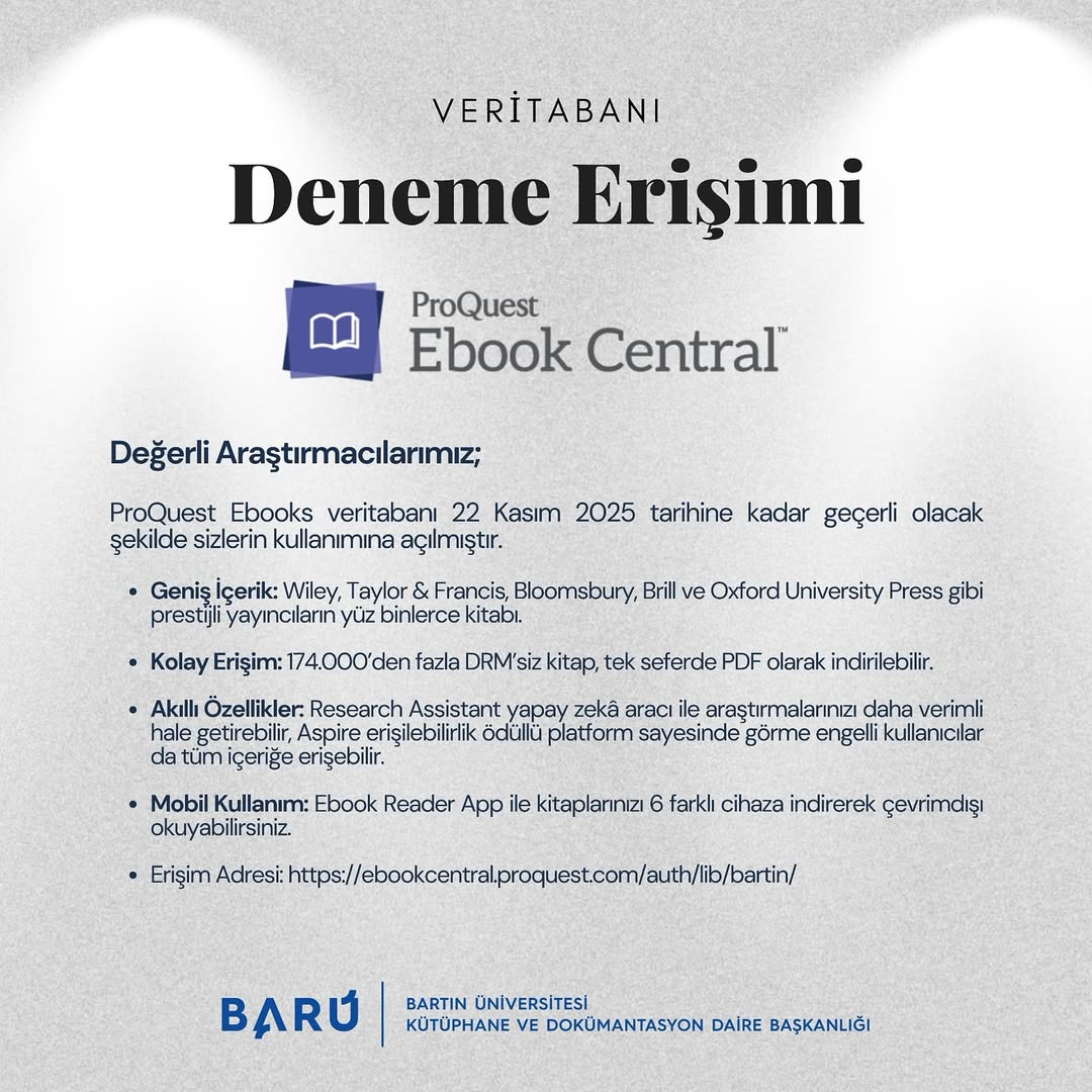 Bartın Üniversitesi'nde ProQuest Ebook Central Deneme Erişimine Açıldı