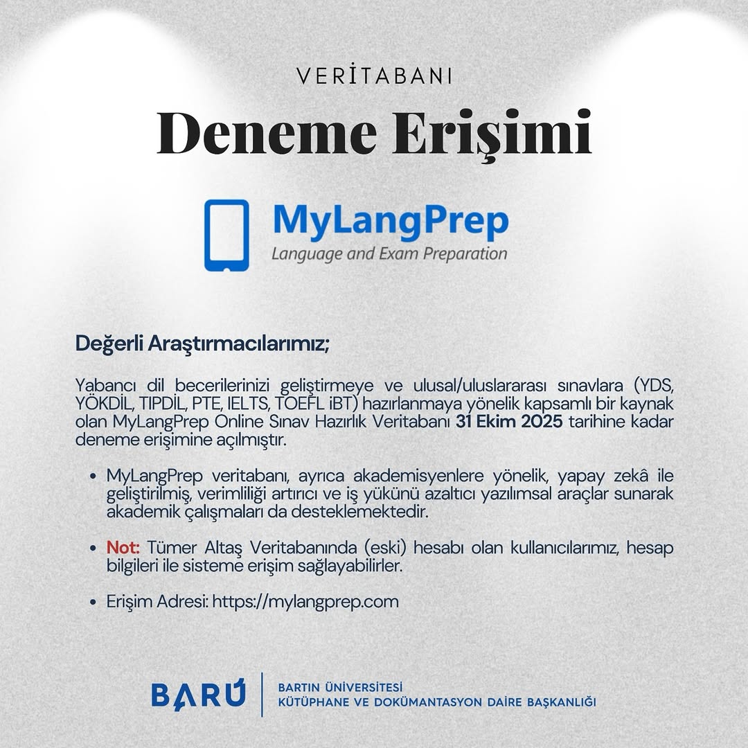 Bartın Üniversitesi Kütüphanesi, MyLangPrep Online Sınav Hazırlık Veritabanı'nı Kullanıma Sundu