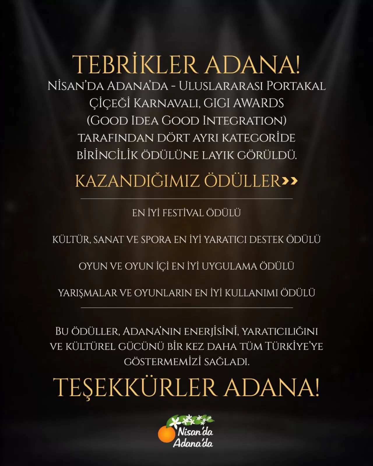 Adana Uluslararası Portakal Çiçeği Karnavalı, GIGI Awards'tan Dört Ödülle Döndü