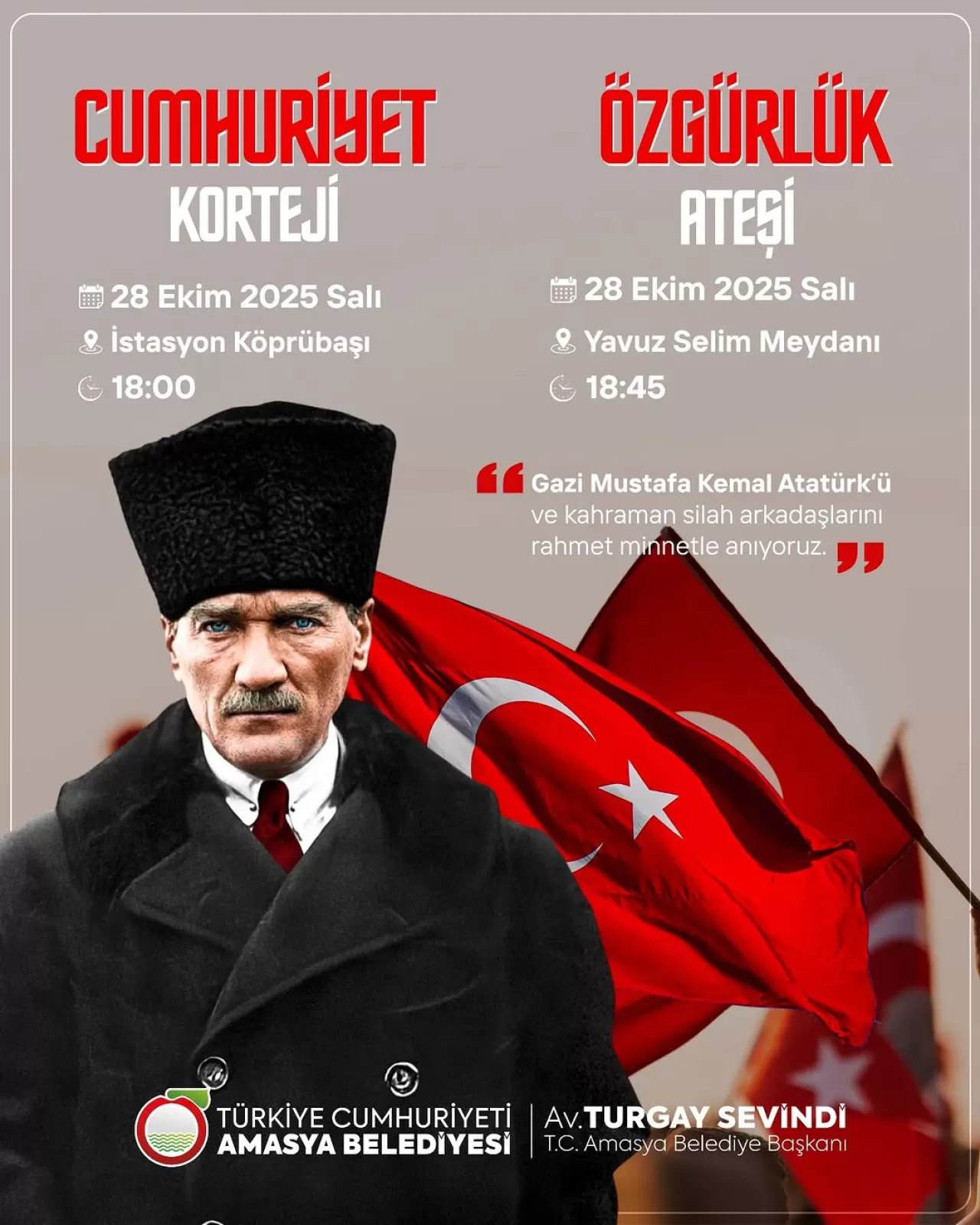 Amasya'da 29 Ekim Cumhuriyet Bayramı Kortej ve Özgürlük Ateşi Etkinliği Düzenlenecek
