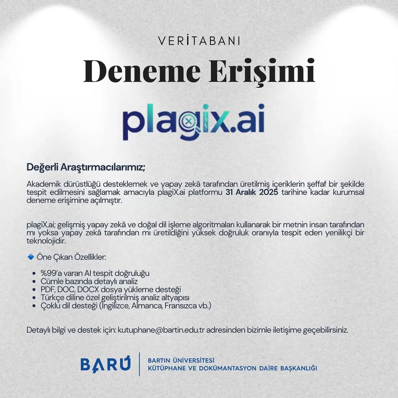 Bartın Üniversitesi Kütüphanesi'ne Plagiarism Tespit Teknolojisi